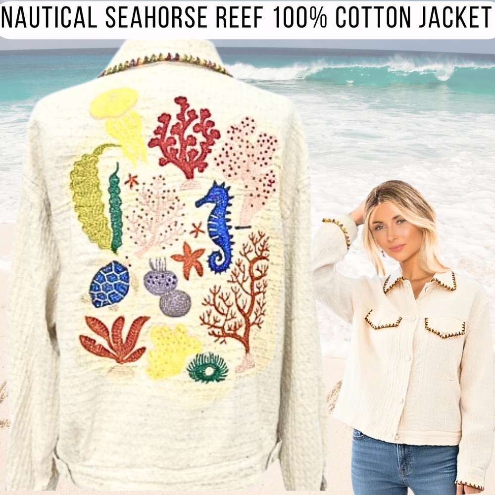 Nautical Seahorse Coastal Reef Natural Cotton Jacket Small Medium - Picture 3 of 10